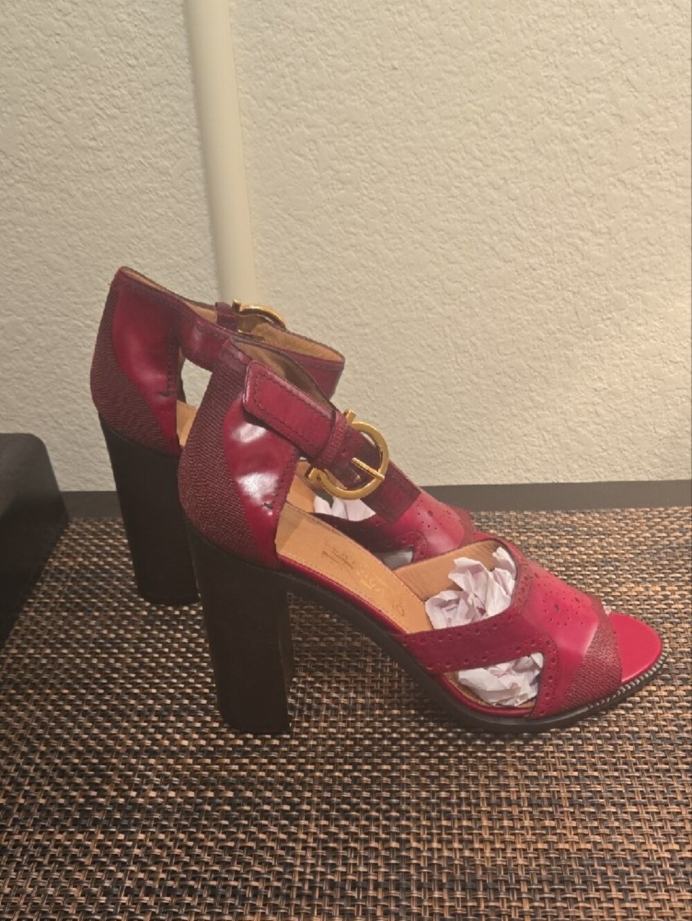 Salvatore Ferragamo Red Open-Toe Perforated Ankle-Strap Heels - Picture 4 of 15